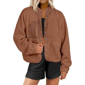 Women's Fuzzy Fleece Brown Long Sleeve Button Down Jacket Coats Casual Outwear